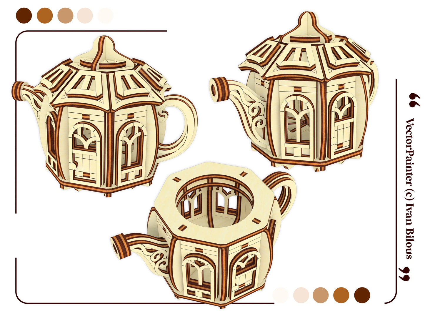 Three separate multi-angle perspective digital template views of a fairytale teapot house model made from laser cut plywood
