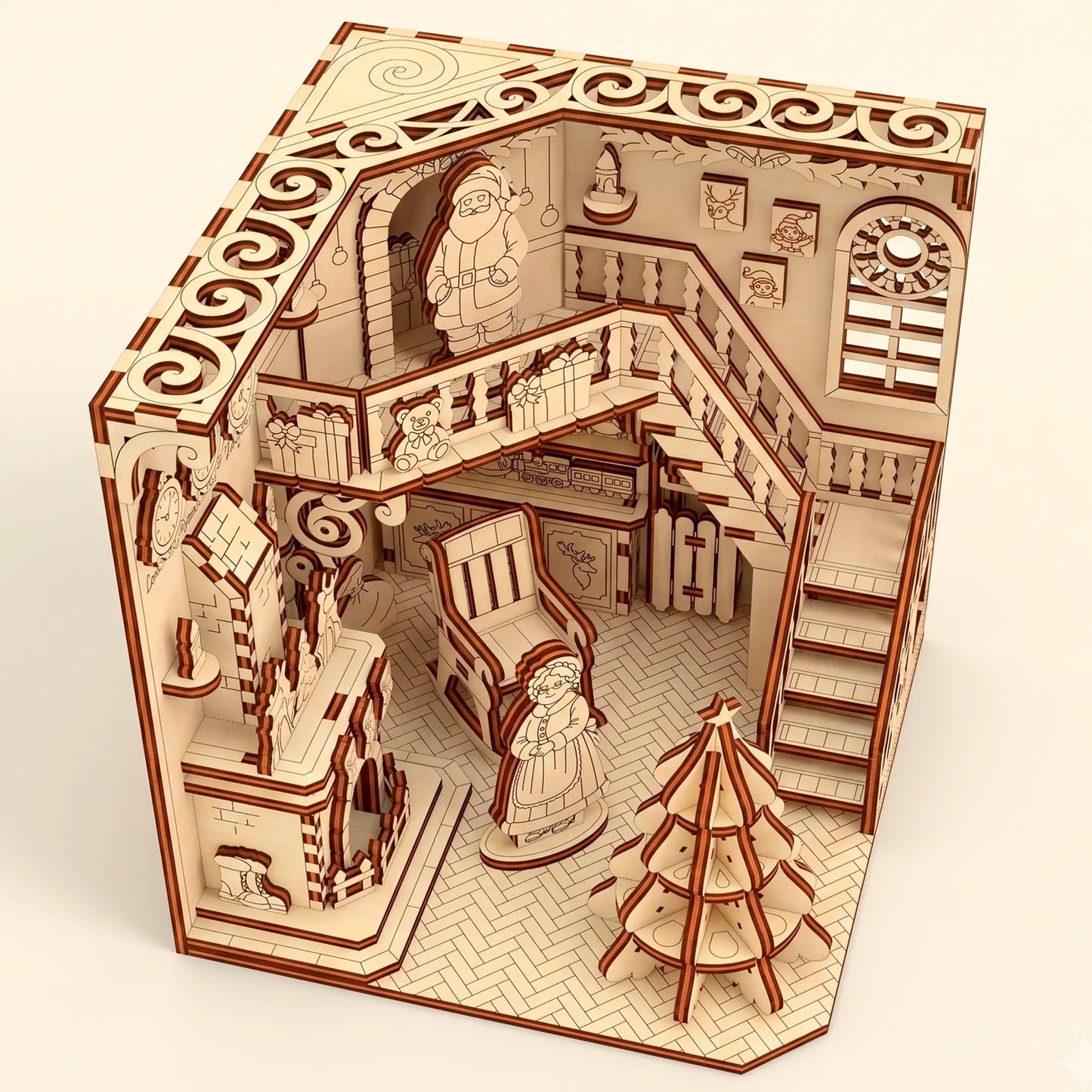 High-angle top view of a laser cut plywood Santa workshop showing the detailed ceiling trim, floor, and miniature layout.