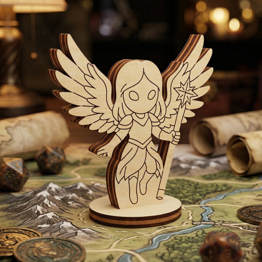 A handcrafted Celestial Angel miniature made from layered laser-cut wood, posed on a fantasy RPG world map. The character features a winged silhouette and holds a star-tipped staff. Surrounded by tabletop gaming accessories including rolled scrolls, metal coins, and polyhedral dice.