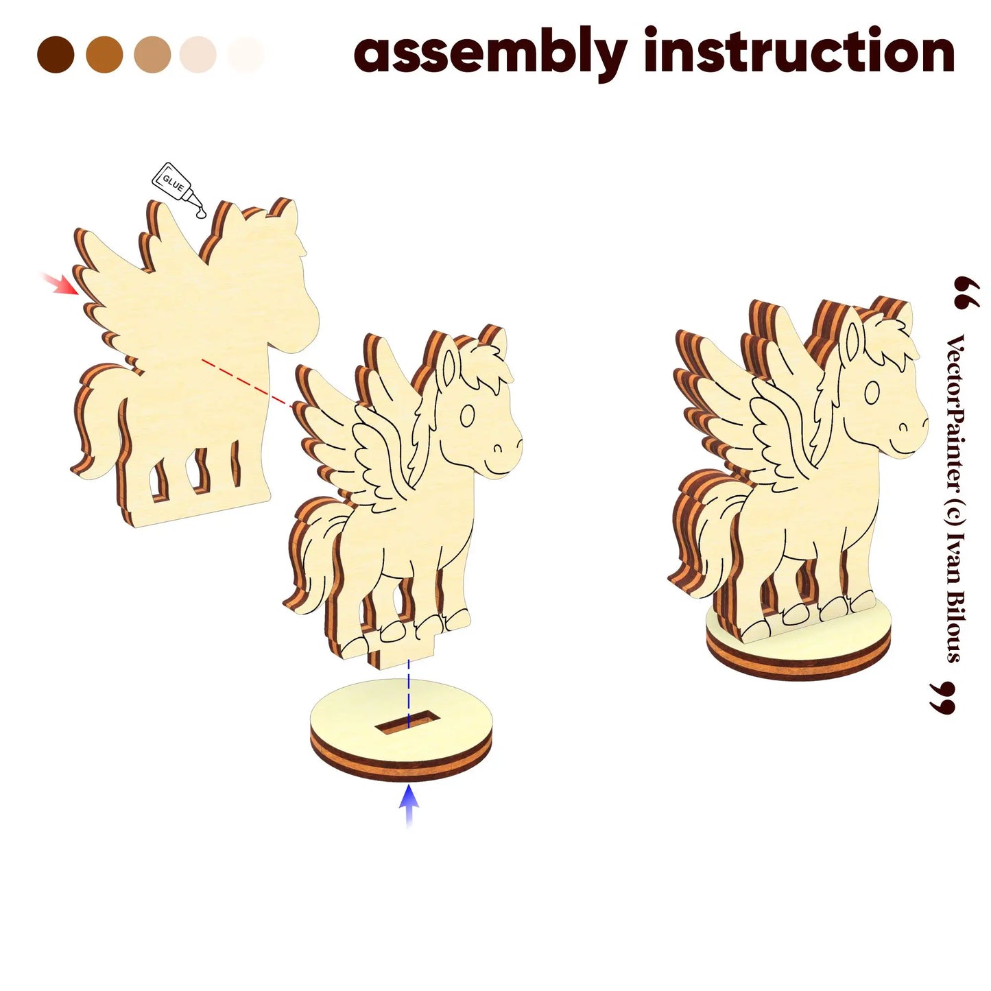 Assembly instructions for a laser cut plywood Pegasus figurine. Exploded view shows how to glue parts and fit into a round base.