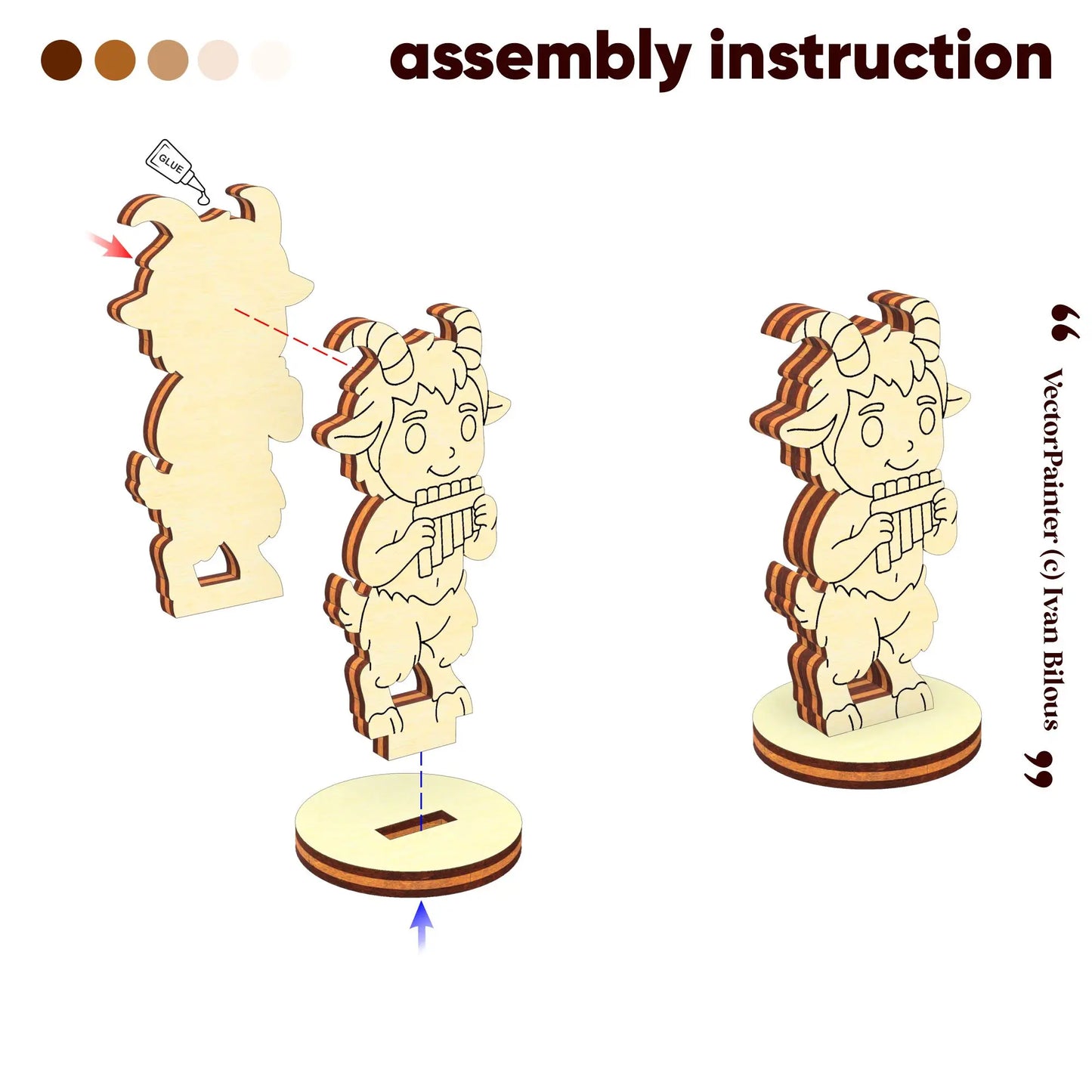 Assembly instruction for laser cut plywood faun figurine showing how to glue the body layers and attach the round base.