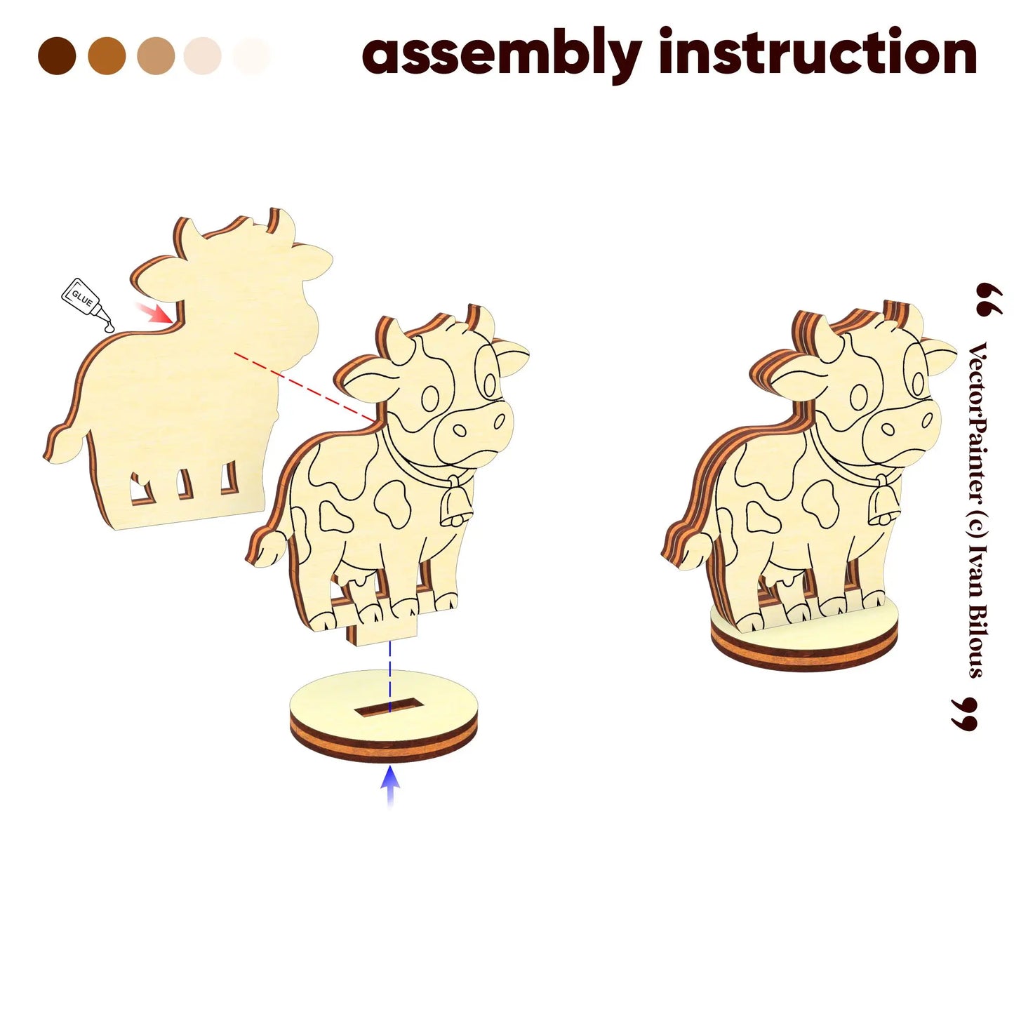 Step-by-step digital assembly instruction diagram for a miniature cow model made of laser cut plywood.
