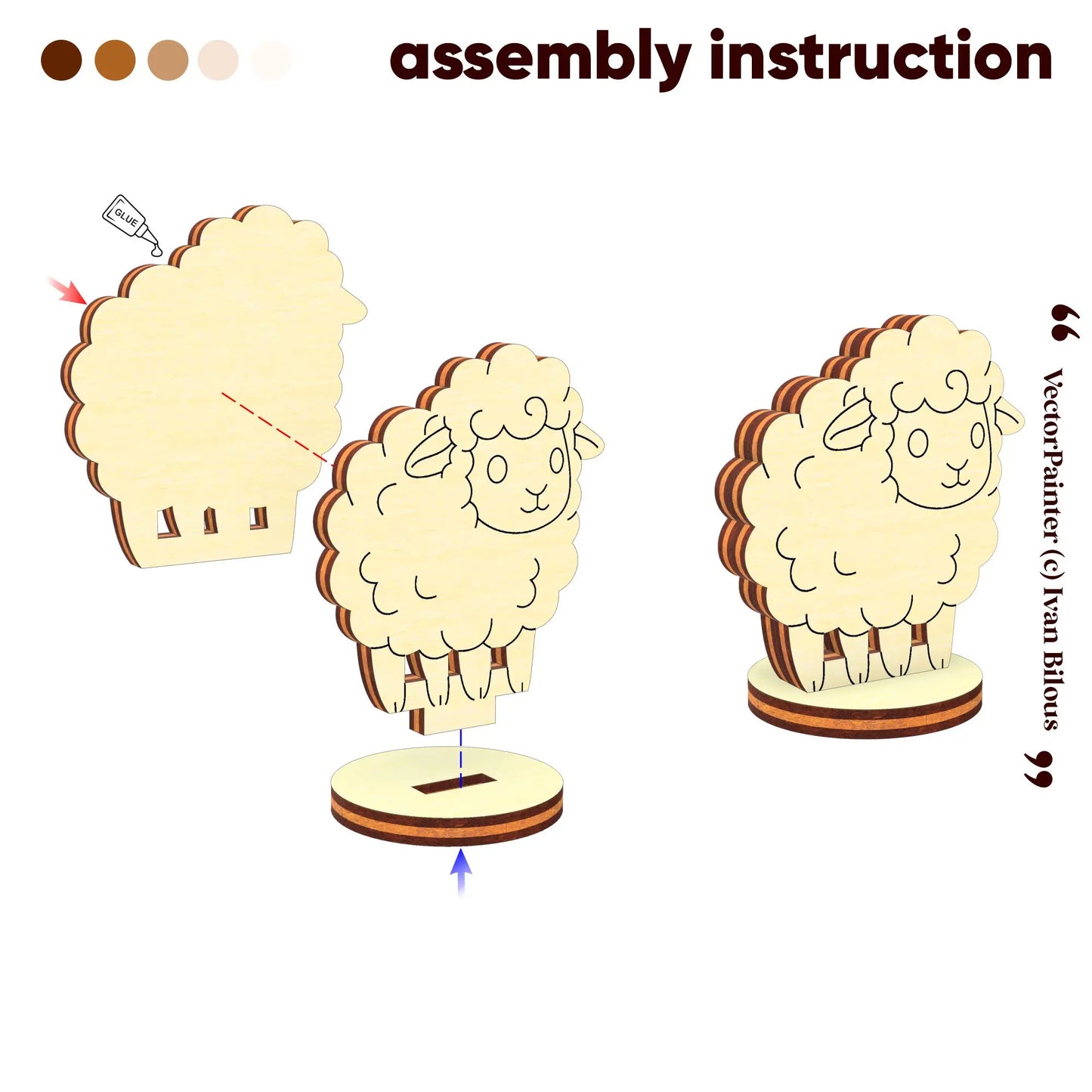 Step-by-step assembly instruction diagram for gluing and building a miniature laser cut plywood sheep.