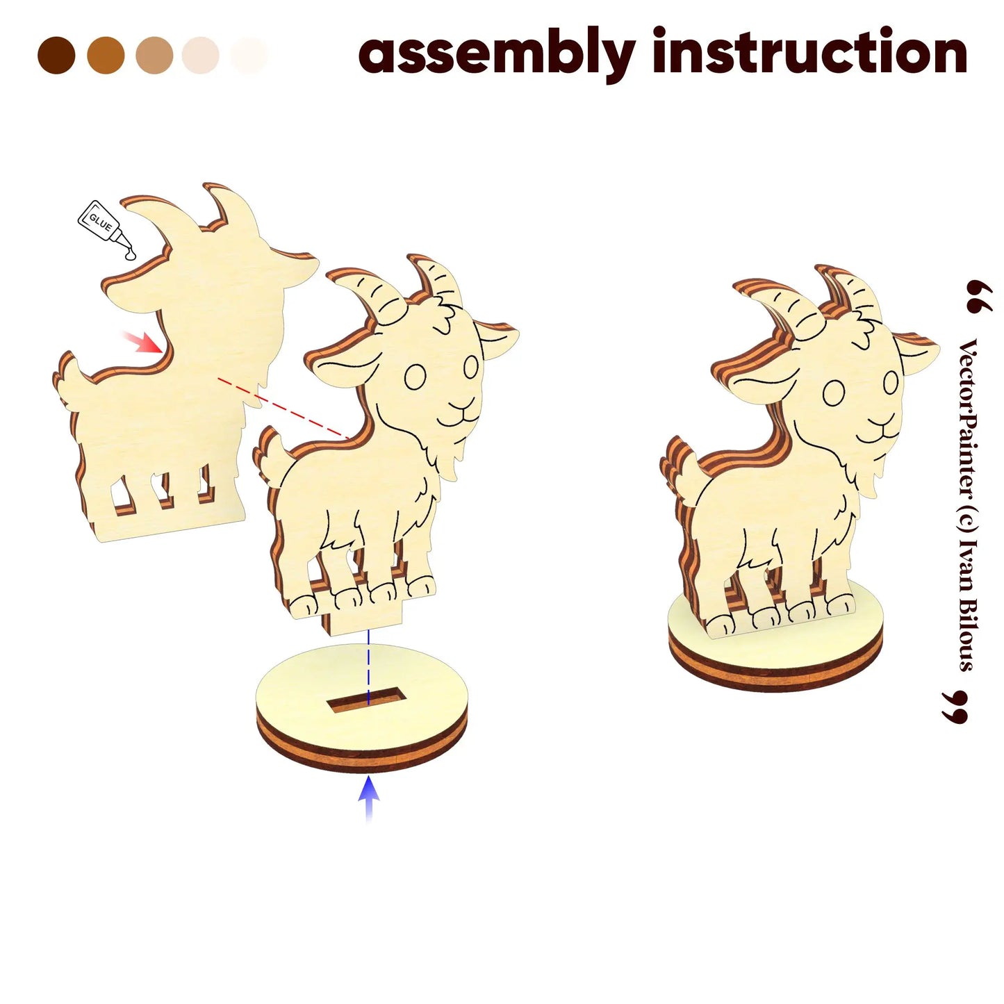 3D assembly diagram showing glue points and slot placement to build a miniature goat token of laser cut plywood.