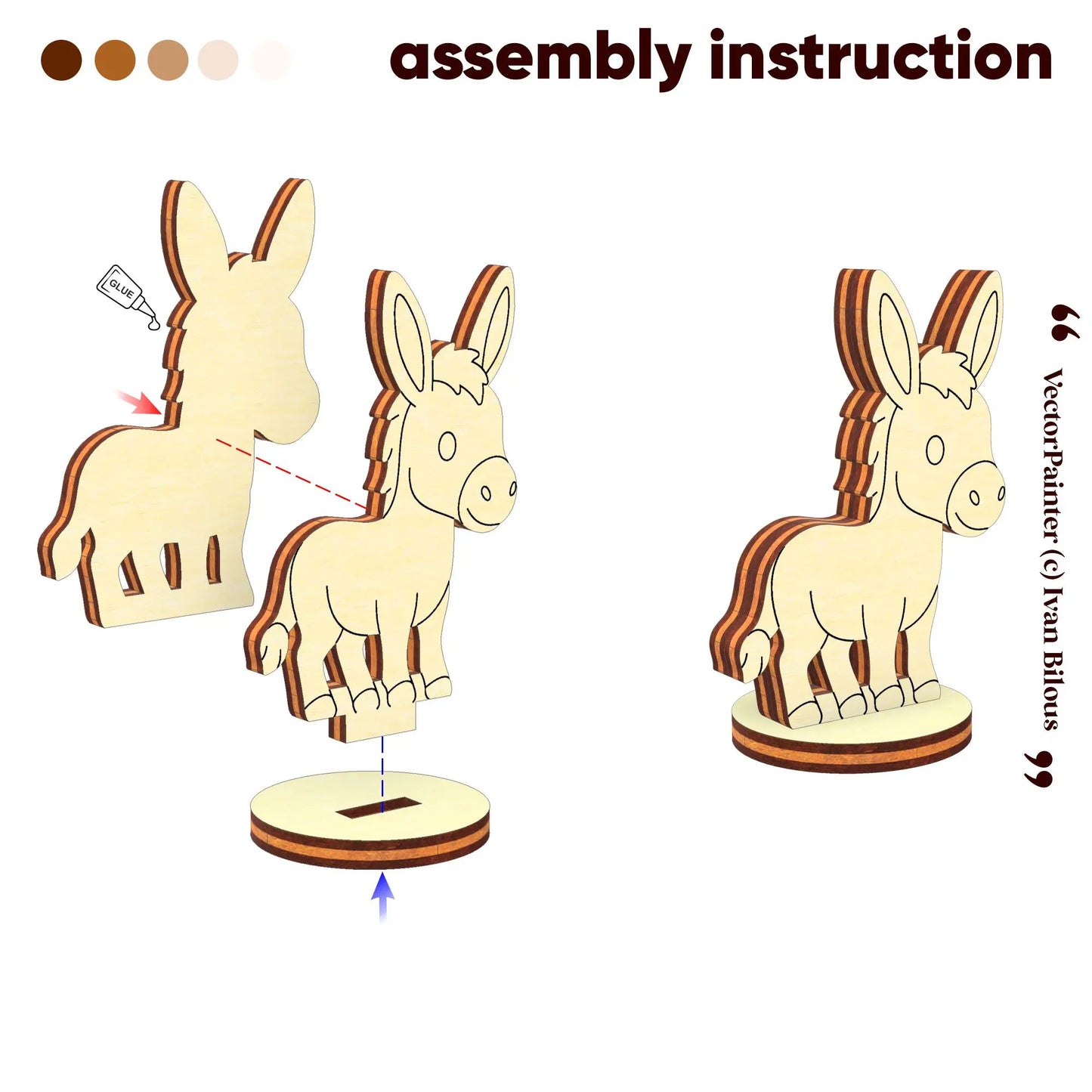 3D assembly diagram showing glue points and slot placement to build a miniature donkey token of laser cut plywood