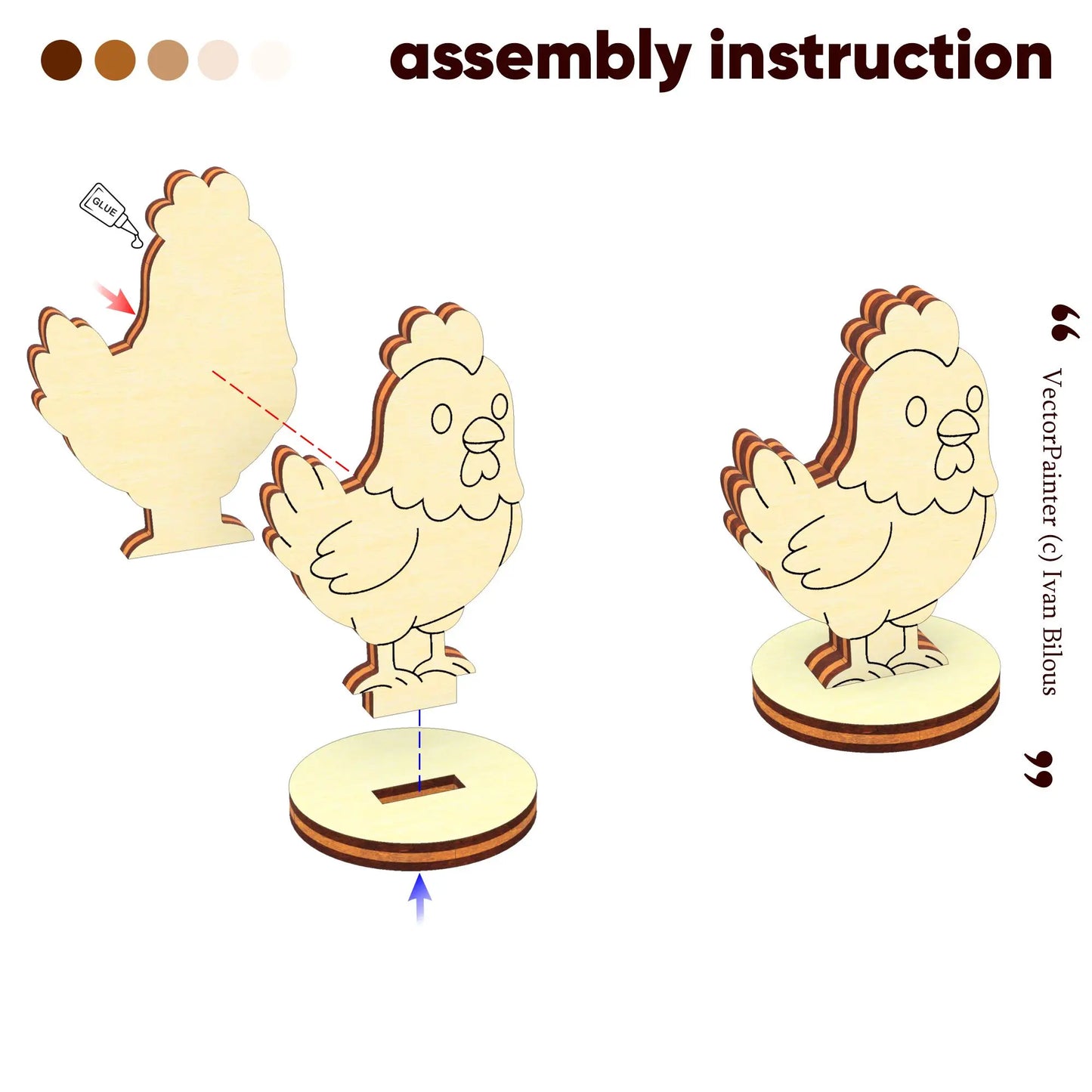 Step by step assembly instruction scheme for a laser cut plywood cute hen figurine showing layer gluing and stand slot.