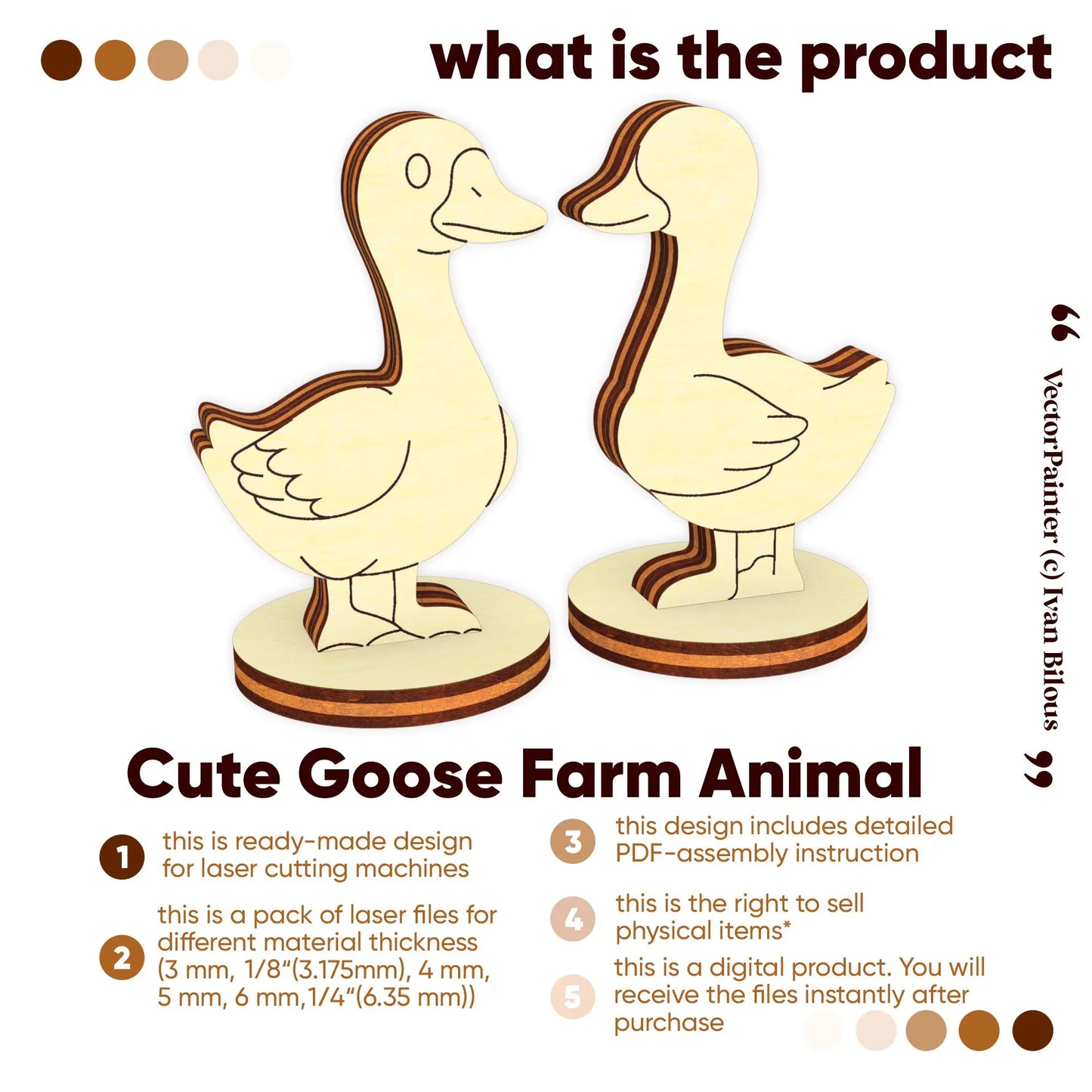 Product info for cute goose farm animal laser cut plywood digital files for 3mm to 6.35mm materials with PDF guide.