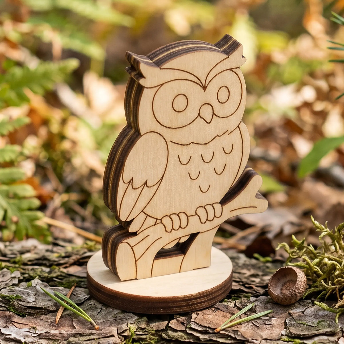 Laser cut plywood owl figurine perched on branch stand displayed outdoors on tree bark with moss and pine needles.