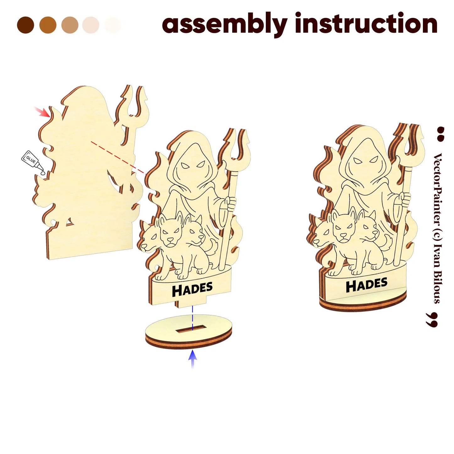 Assembly guide for Hades: diagram shows how to glue and slot the laser cut plywood pieces into a sturdy oval wood base