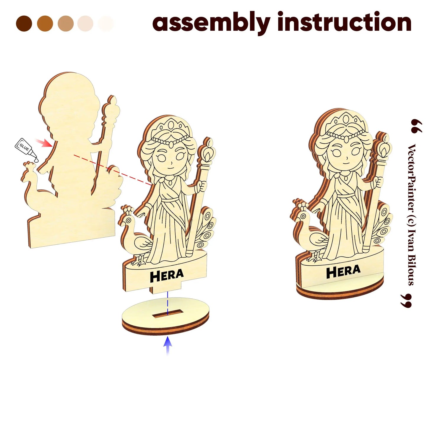 Assembly instruction infographic for the laser cut plywood Hera figurine showing how to glue the layers and base together