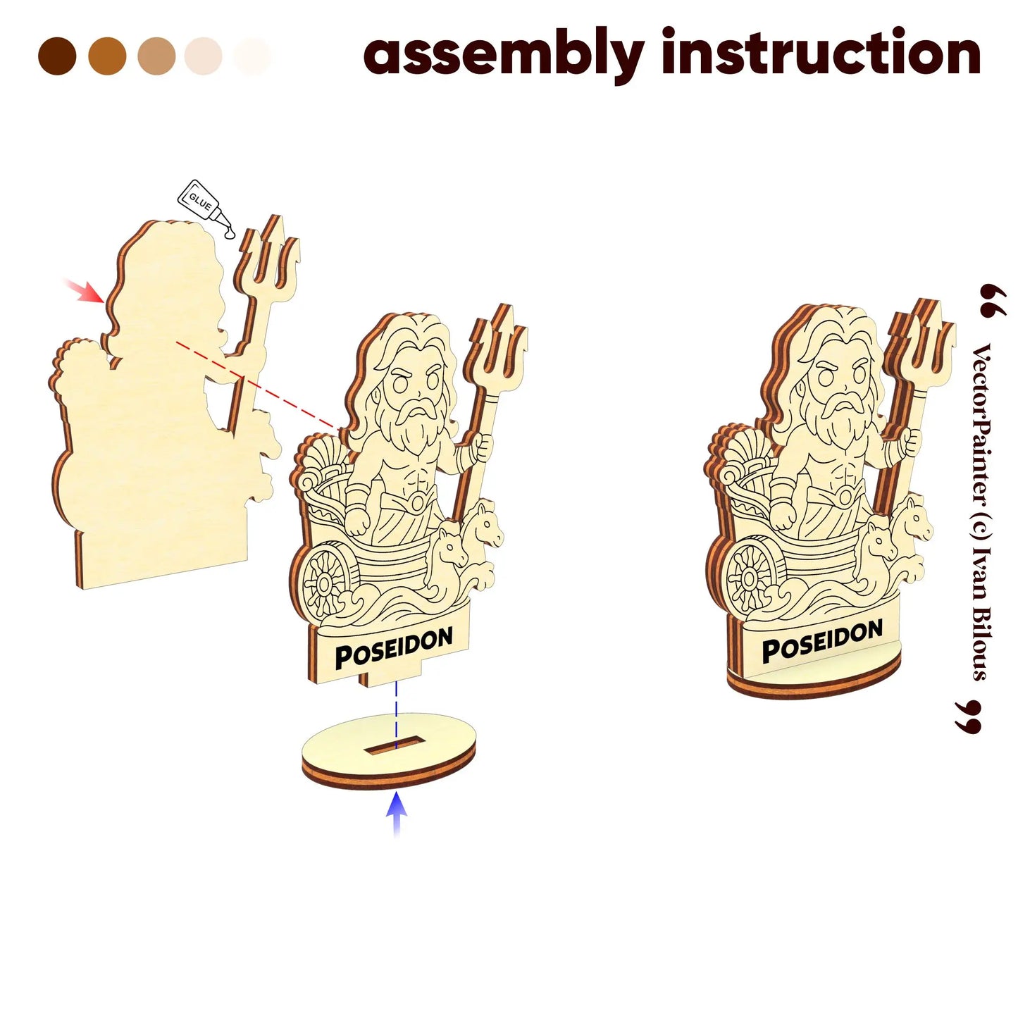 Assembly guide for laser cut plywood Poseidon showing how the front and back pieces slot into the small oval wooden base.