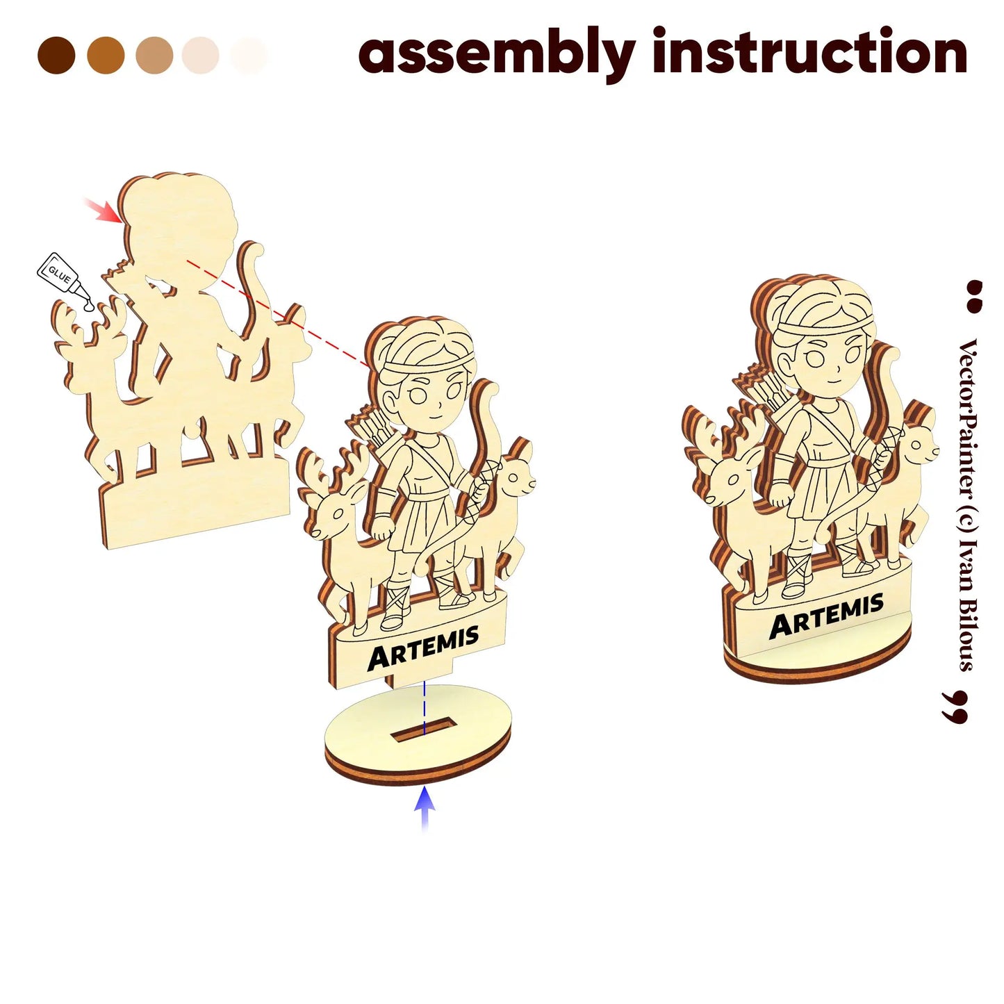 Step-by-step assembly guide for Artemis model. Exploded view shows how to glue and slot laser cut plywood pieces together.