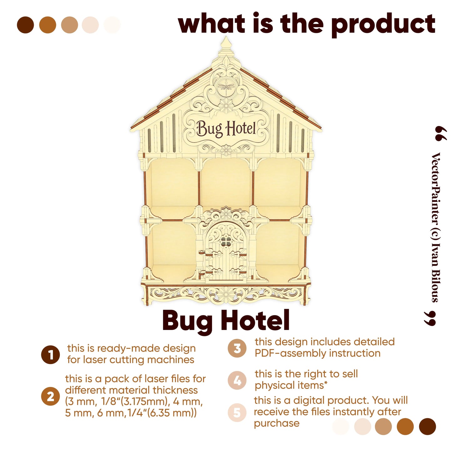Product overview of a laser cut plywood bug hotel design, including digital files and commercial use rights