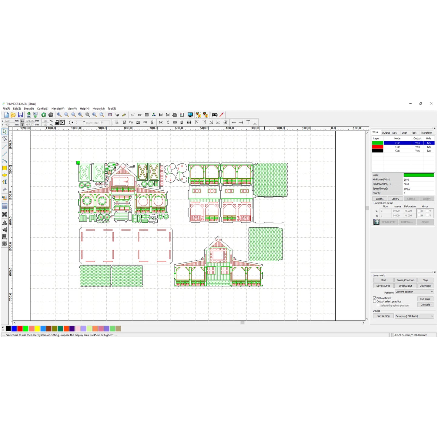 Laser cut plywood layout design template for an architectural barn model inside a computer control interface.