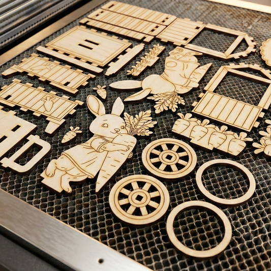 Wooden laser-cut craft pieces on a black grid surface
