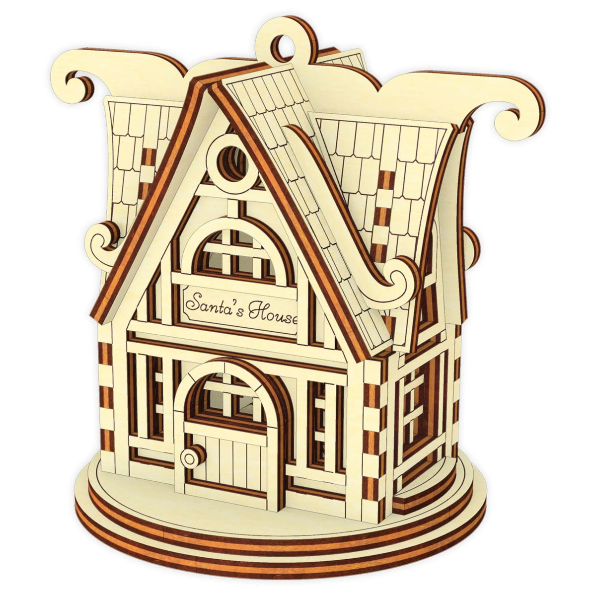 Festive miniature Christmas house made of laser cut plywood, showcasing delicate window cutouts and natural wood textures