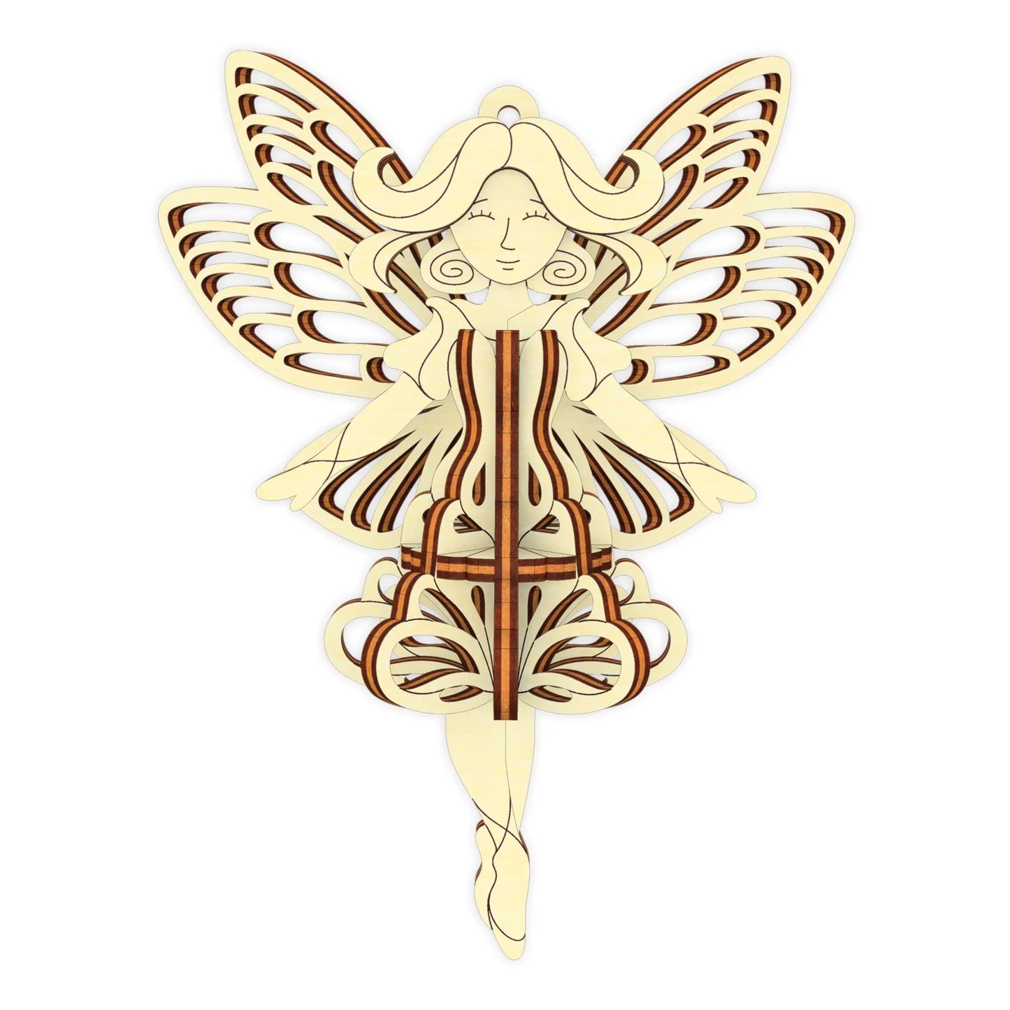 Detailed 3D model of a laser cut plywood fairy ornament with ornate butterfly wings standing in a graceful pose isolated.