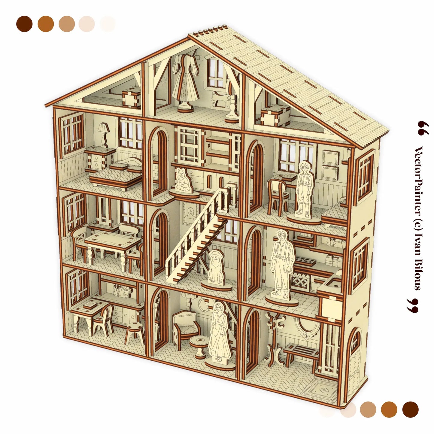 Detailed illustration of a dollhouse with interior rooms and furniture.