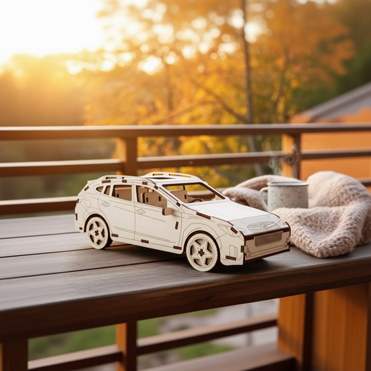 Laser cut wooden plywood 3D model on a rustic wooden bench in a forest setting next to a white ceramic mug. Detailed plywood assembly with roof racks and off-road tires. Natural outdoor background with autumn leaves and soft sunlight.
