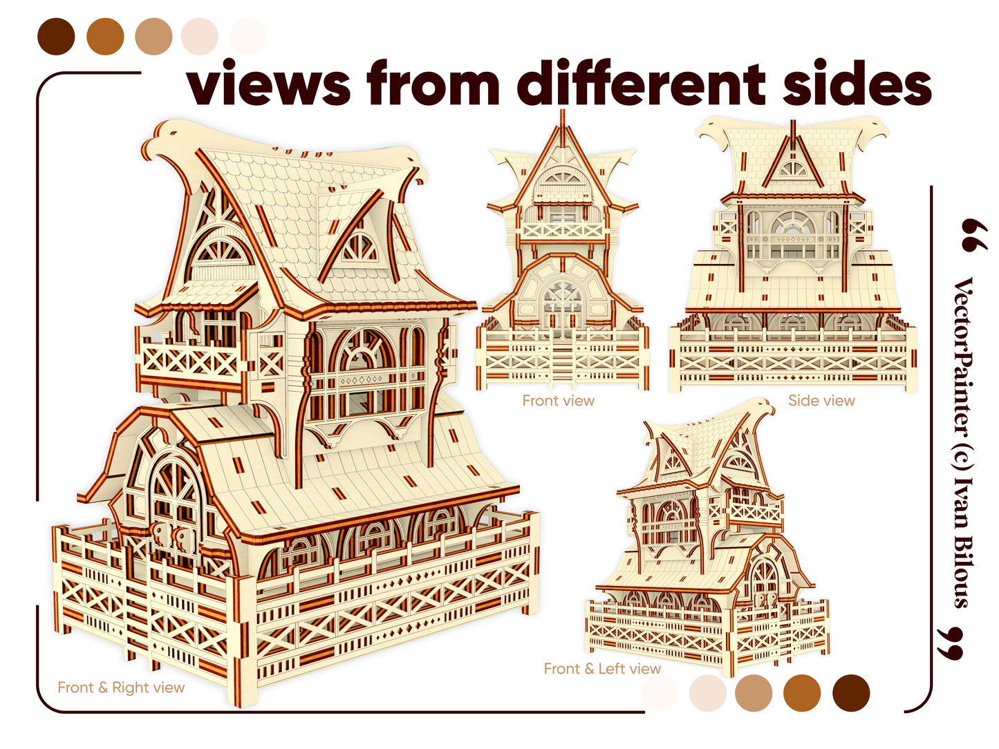 Detailed laser cut plan for creating a Garden Gnome House wooden model with balconies, attics, and fences