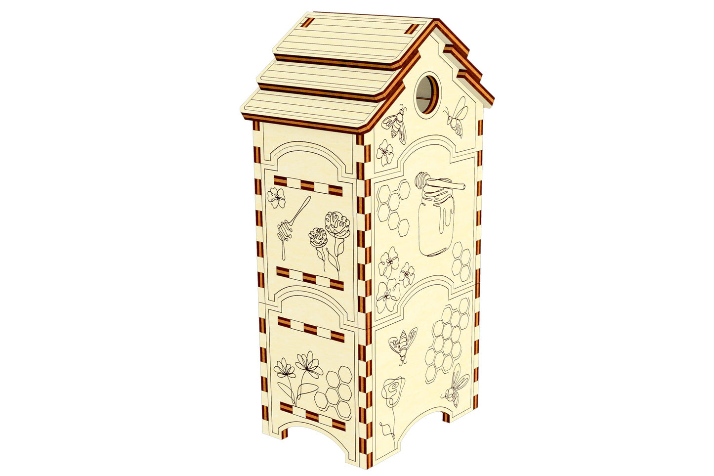 Miniature Honey Bee Hive Laser Cut Design - Intricately Detailed Hive with Removable Honeycombs and Adorable Bee-themed Artistry