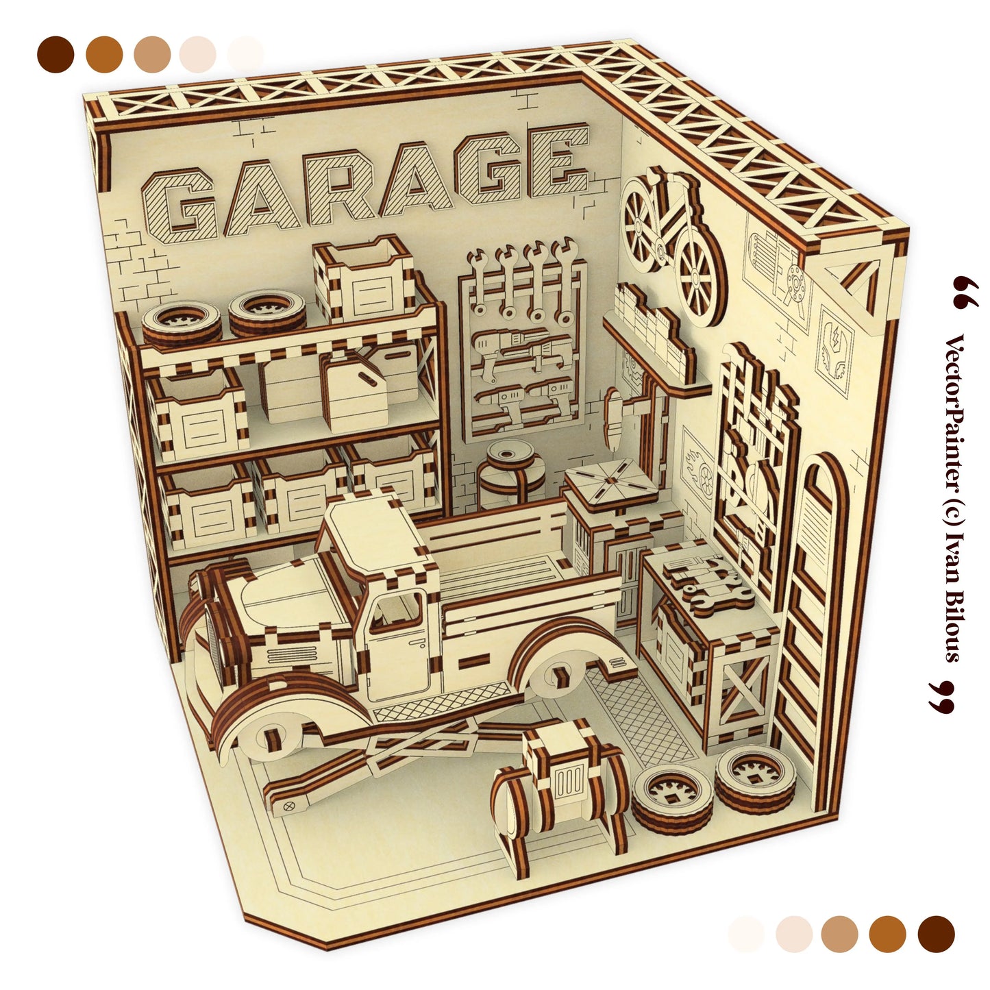 laser cut book nook model of a garage model with various elements on a beige background