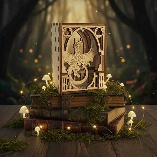 Wooden dragon laser cut sculpture on books with fairy lights in a mystical forest setting