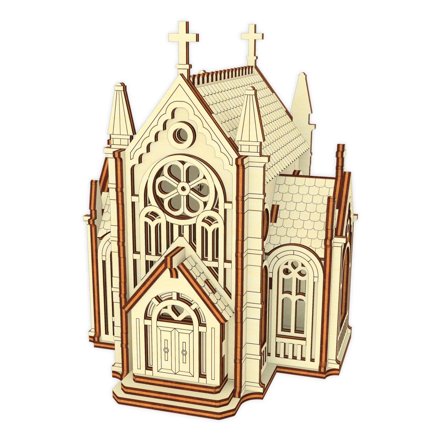 An isolated 3D product render mockup of a fully assembled gothic church cathedral puzzle made from fine laser cut plywood.