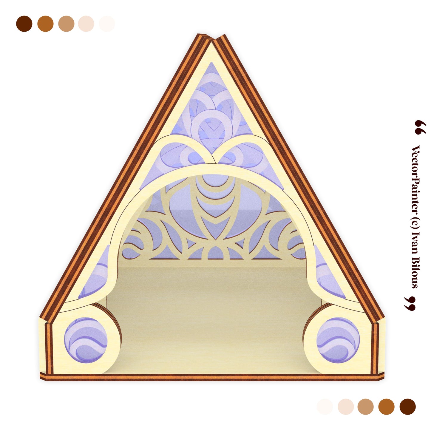 Decorative triangular laser cut box with geometric design on a white background