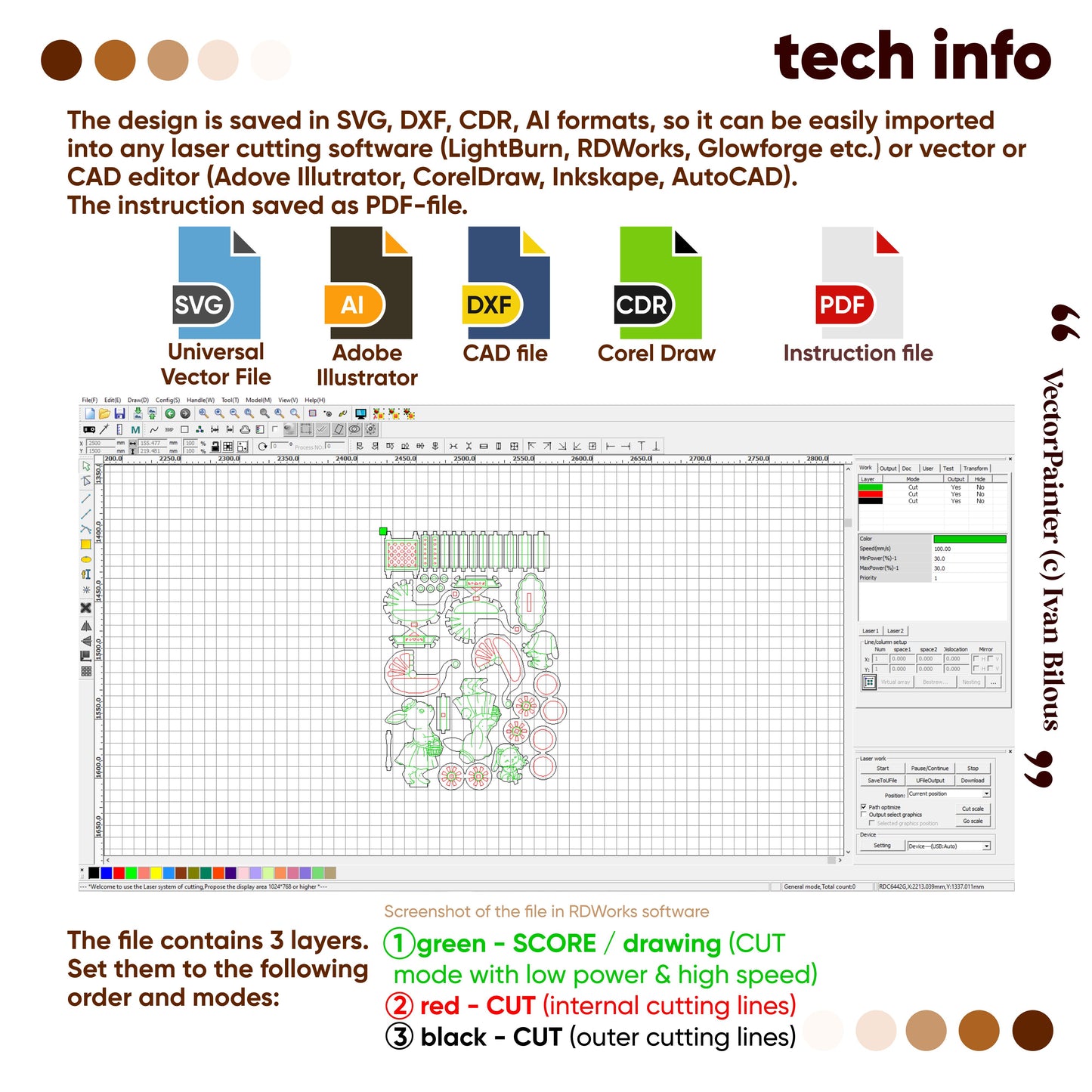 Laser cutting software interface with design file and file format options displayed.