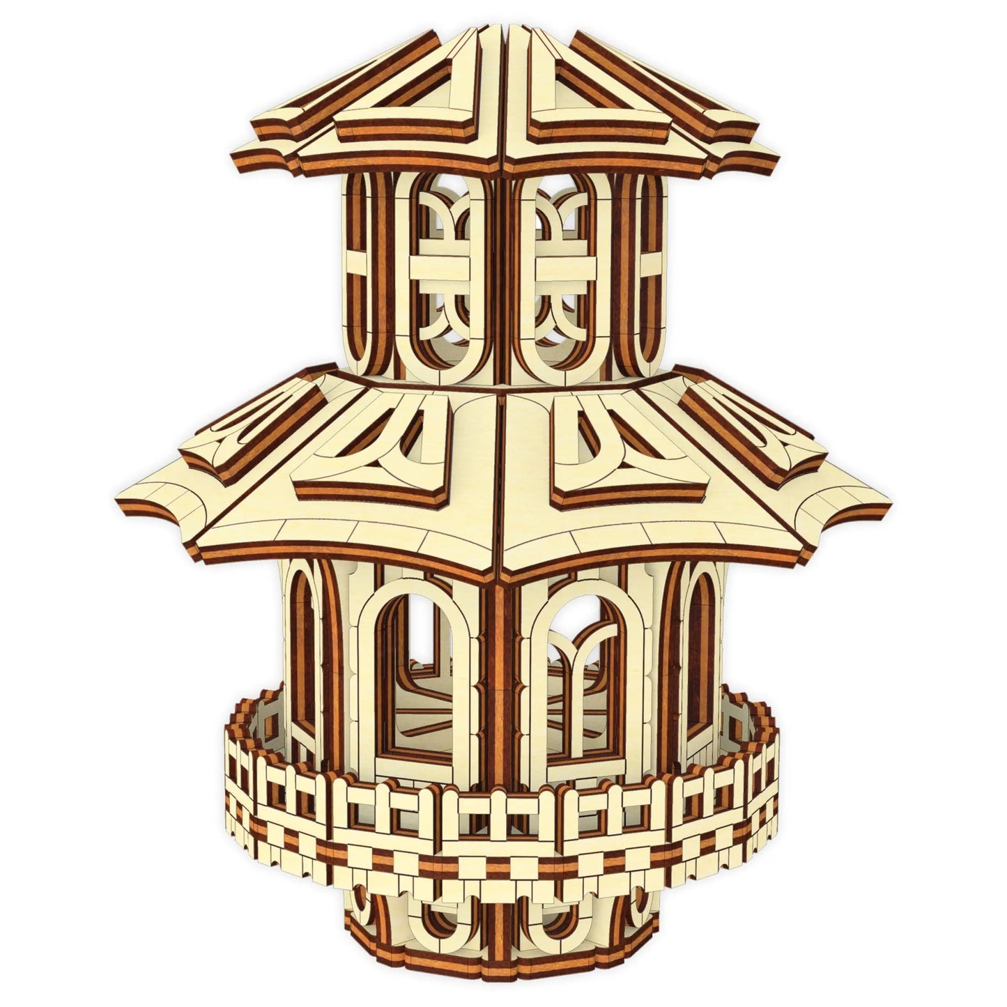 A gorgeous clean 3D render illustration of an intricate miniature multi-tier fairytale pagoda house from laser cut plywood.