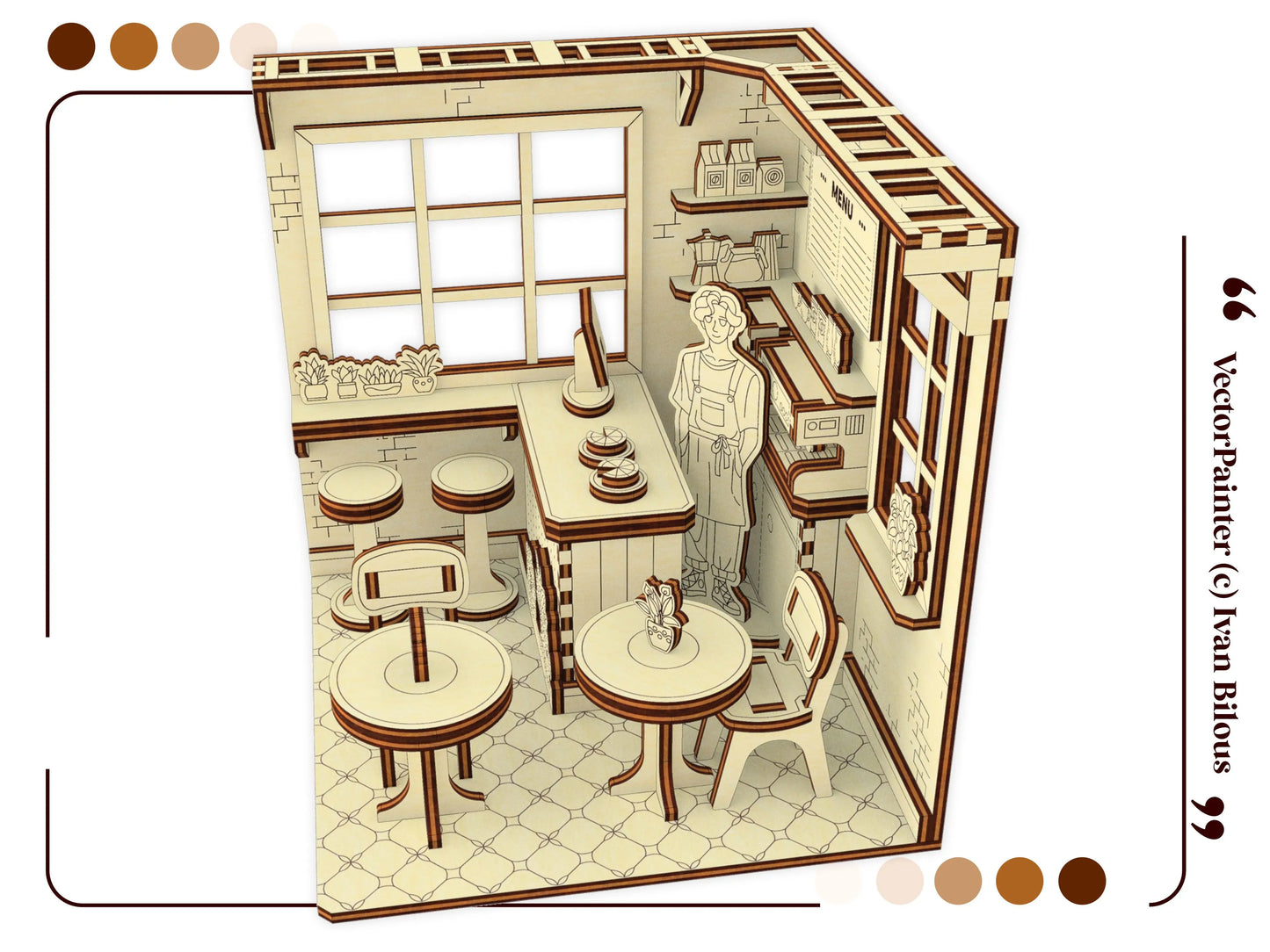 Top down angled 3D model of a cafe book nook insert, showcasing tables and barista stand made of laser cut plywood.
