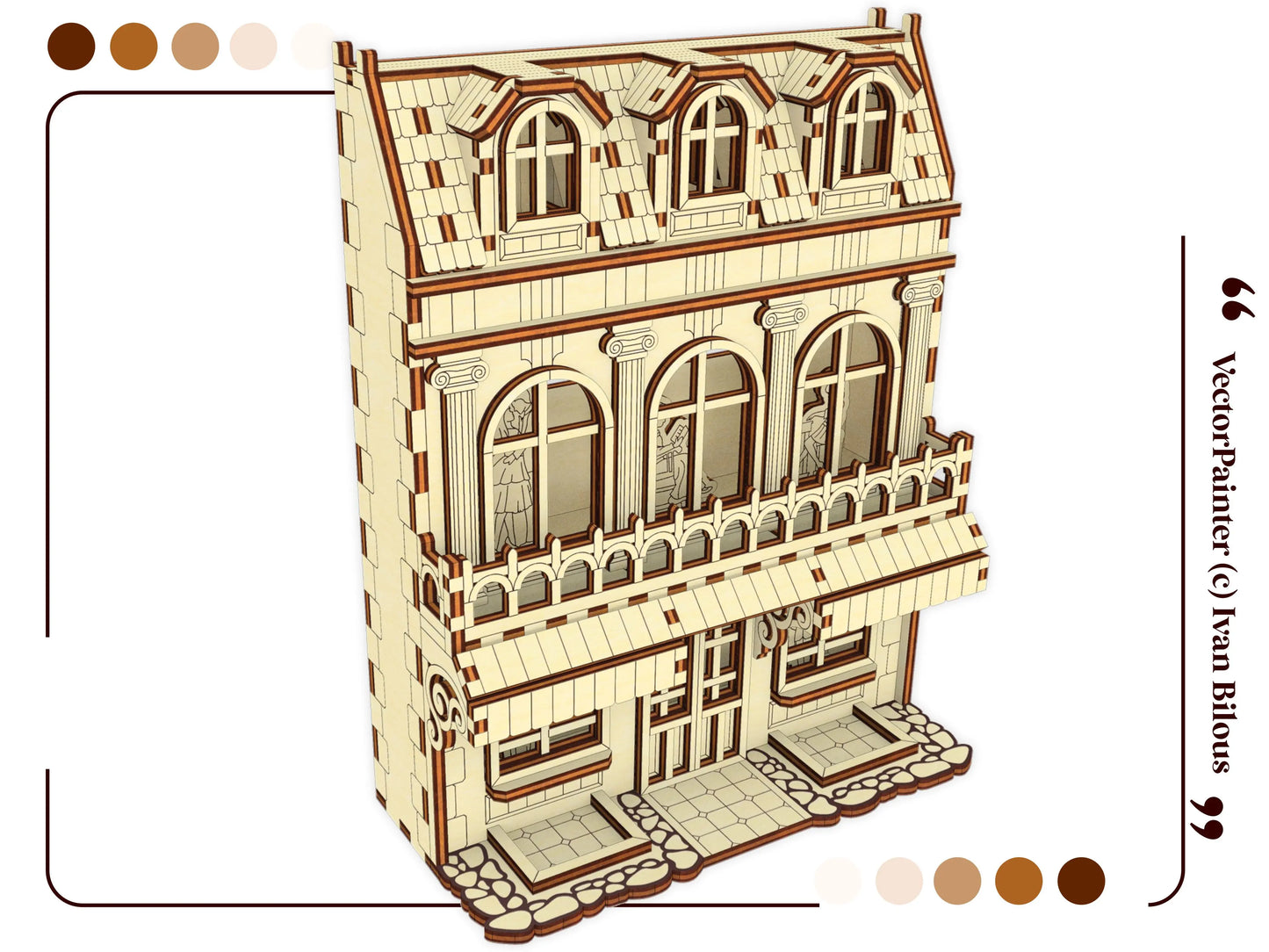 Detailed 3D vector model graphic of a classical European house style book nook shelf insert, made from laser cut plywood