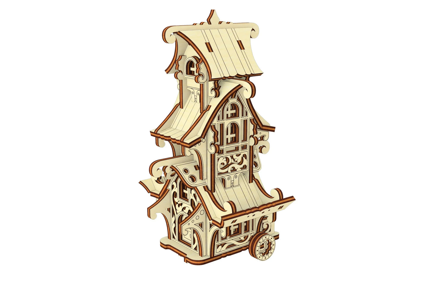 Three-quarter studio look of an intricate fairytale caravan puzzle kit assembled from light laser cut plywood rows.