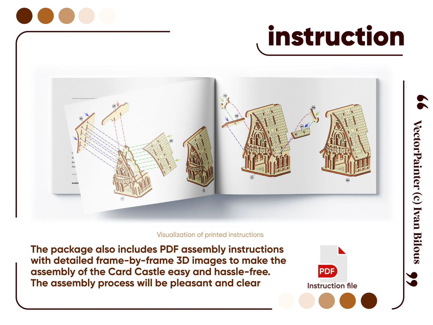 Open book showing step-by-step instructions for assembling a lsaer cut model, with text and PDF icon on a white background.