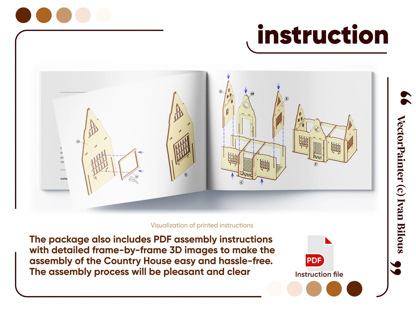 Assembly instruction booklet pages for a laser cut plywood country house model with detailed step-by-step 3D diagrams.