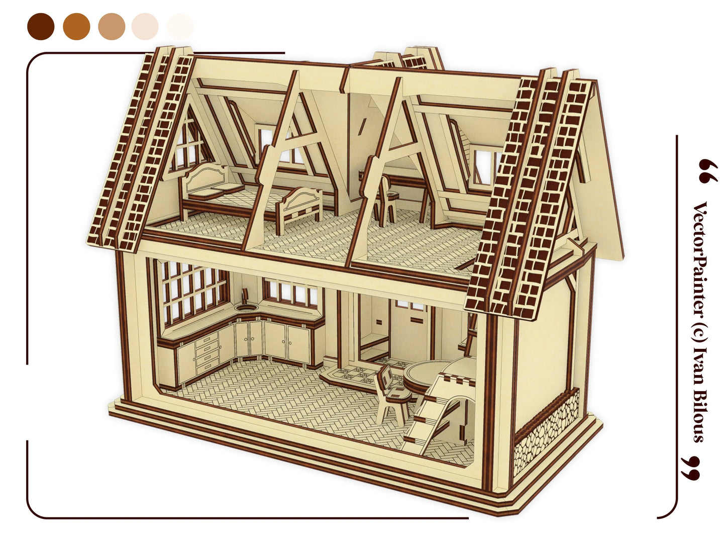 Open back 3D rendering of a laser cut plywood dollhouse revealing a two-story interior layout with miniature furniture.