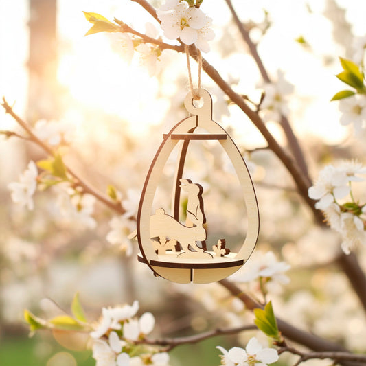 Laser cut plywood wooden 3D Easter egg ornament with a rabbit and foliage design inside, hanging by a string from a blooming white cherry tree branch in warm, soft sunlight, creating a springtime glow