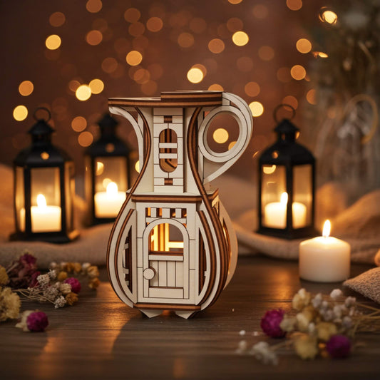 Plywood fairy house jug with arched door and tiny windows, detailed laser cut design used as a decorative candle holder for magical home decor