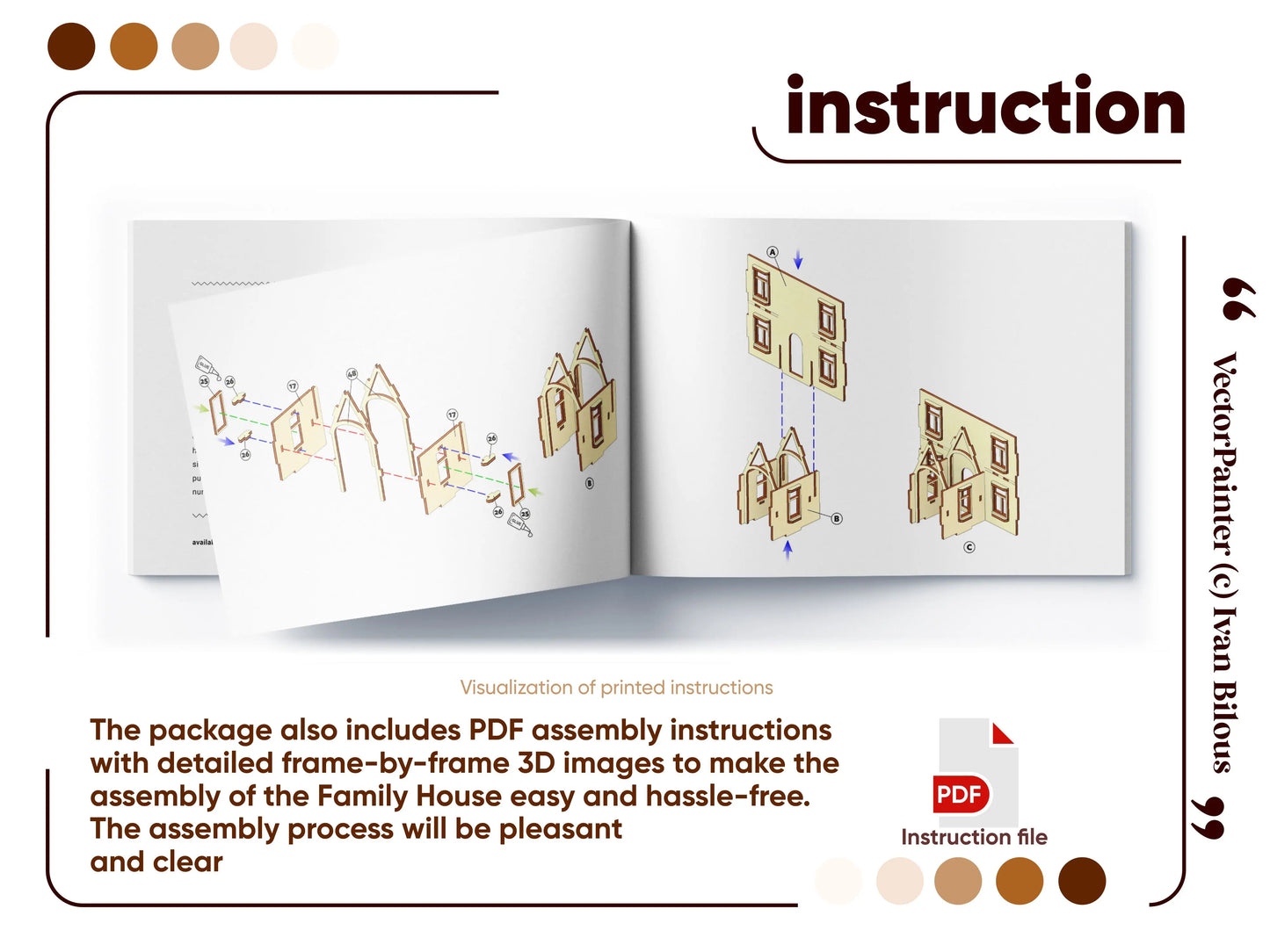 Graphic layout of an open PDF assembly manual showing 3D step-by-step diagrams for a laser cut plywood family model house