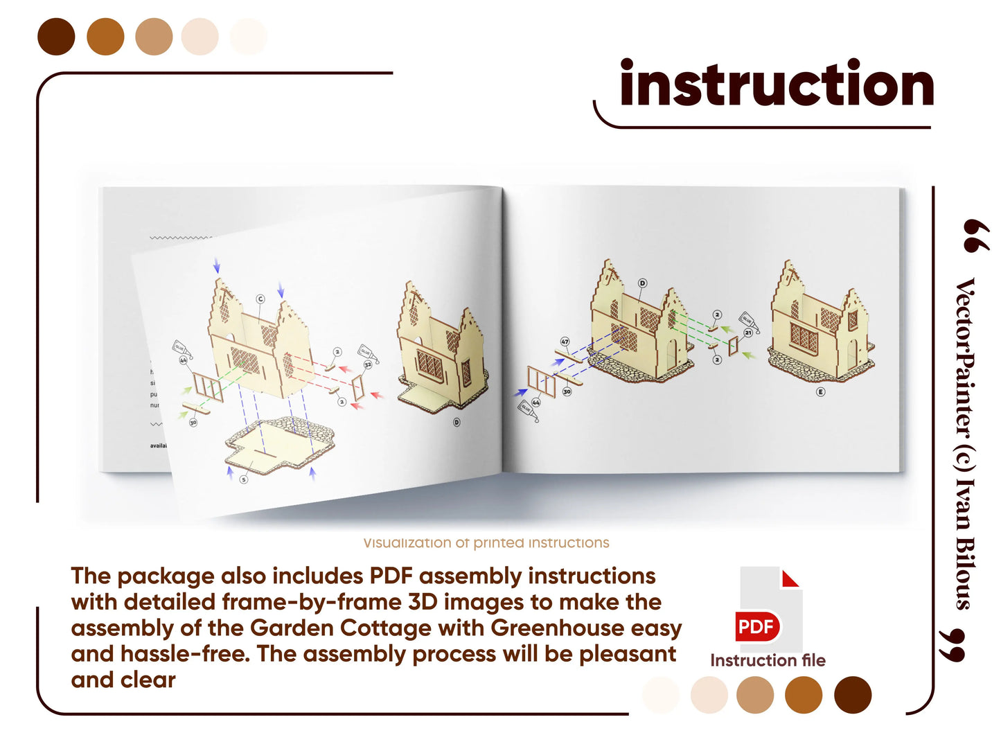 A graphic layout of an open PDF manual showing 3D step-by-step assembly diagrams for a laser cut plywood garden cottage.