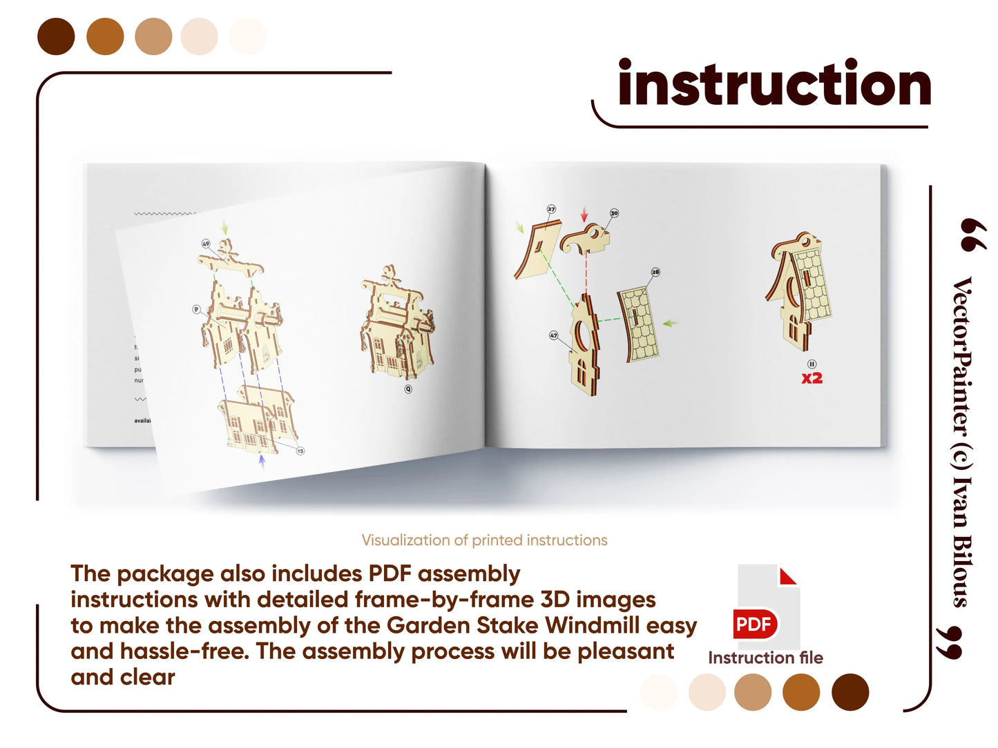 An open assembly instruction booklet showing detailed step-by-step 3D diagrams for a laser cut plywood garden windmill.