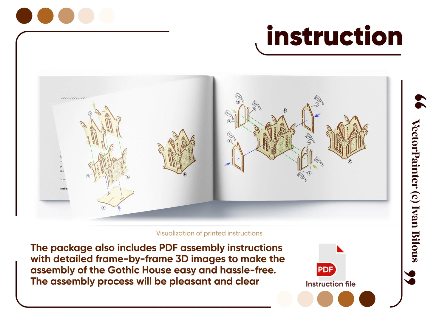 An open assembly instruction manual booklet featuring detailed step-by-step 3D diagrams for a gothic laser cut plywood house.