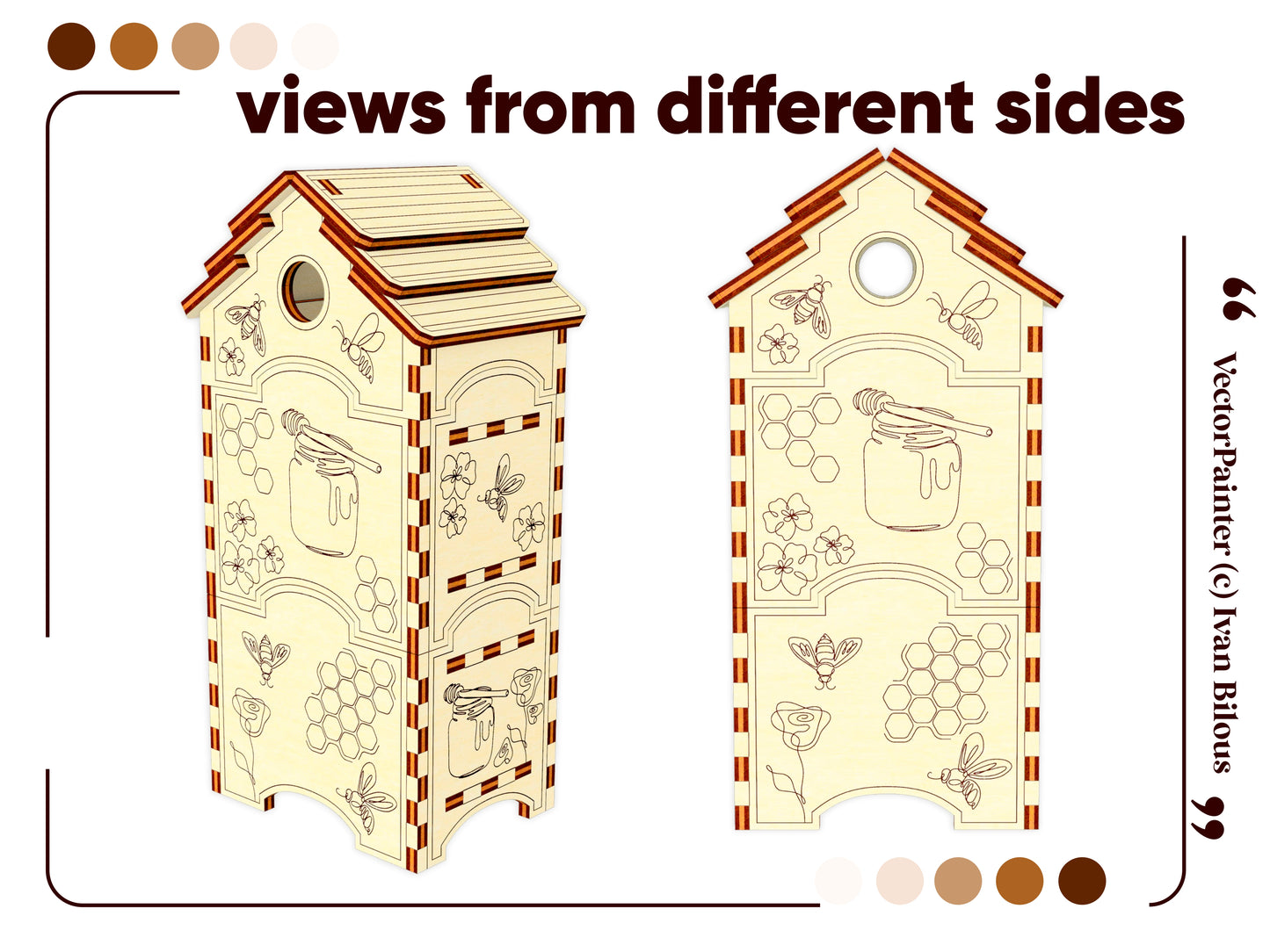 Detailed Laser Cut Honey Bee Hive - Miniature Hive Design with Removable Honeycombs and Bee-themed Decorative Elements
