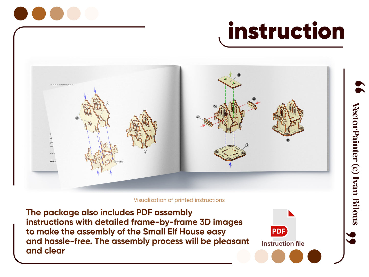 Laser cut design: elf house with charming details.