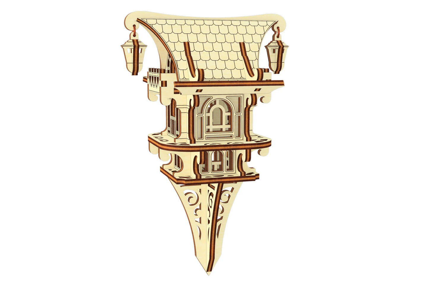 Elegant fairy garden stake house model, intricate laser cut plywood design with hanging lanterns for outdoor decor.