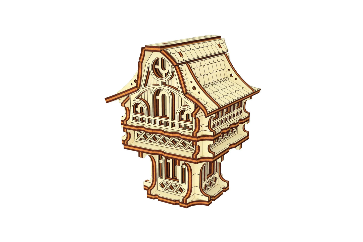 3D digital model of a miniature house, designed for laser cut plywood assembly with intricate wood detailing.