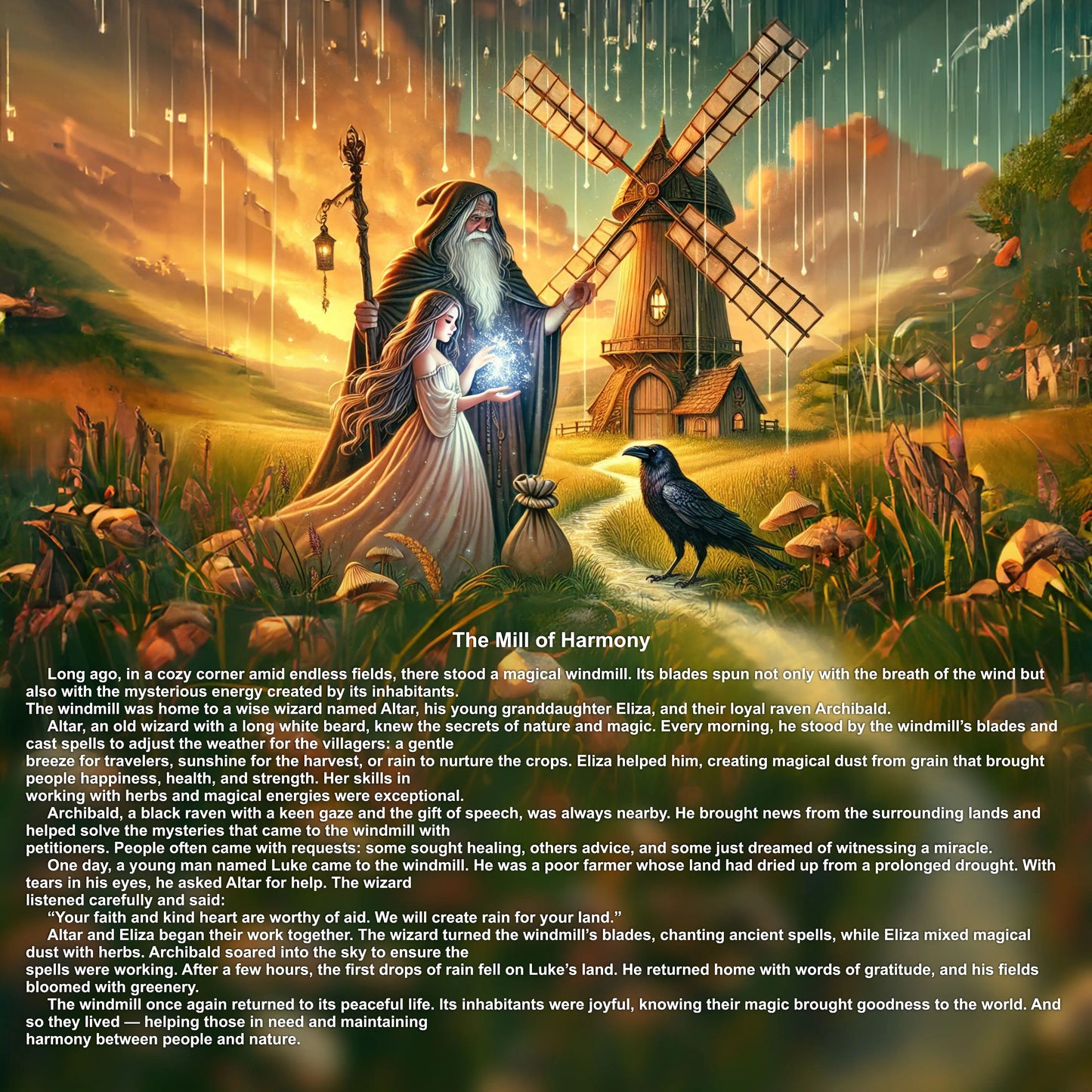 Story illustration page featuring an old wizard and a young girl next to a laser cut plywood fantasy windmill model.