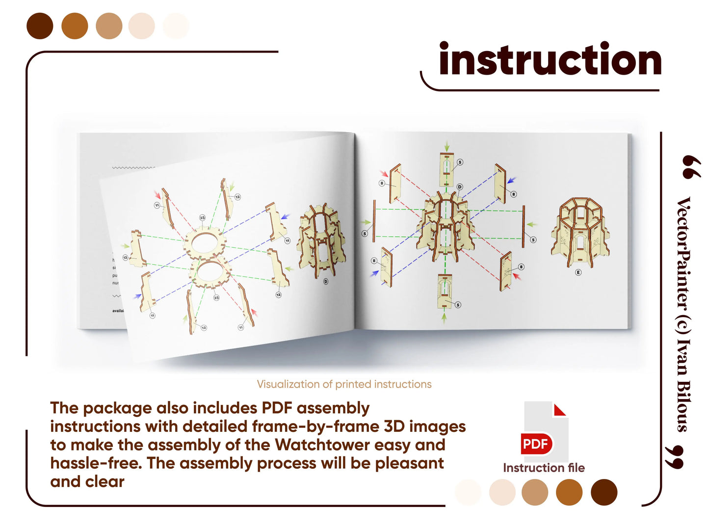 A comprehensive assembly instruction manual preview showing clear 3D exploded diagrams for a laser cut plywood watchtower