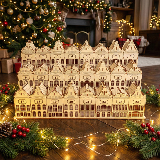 Intricate laser cut wooden Advent Calendar Town composed of charming European-style buildings numbered 1 to 24 for daily surprises, shown in front of a twinkling holiday tree background.